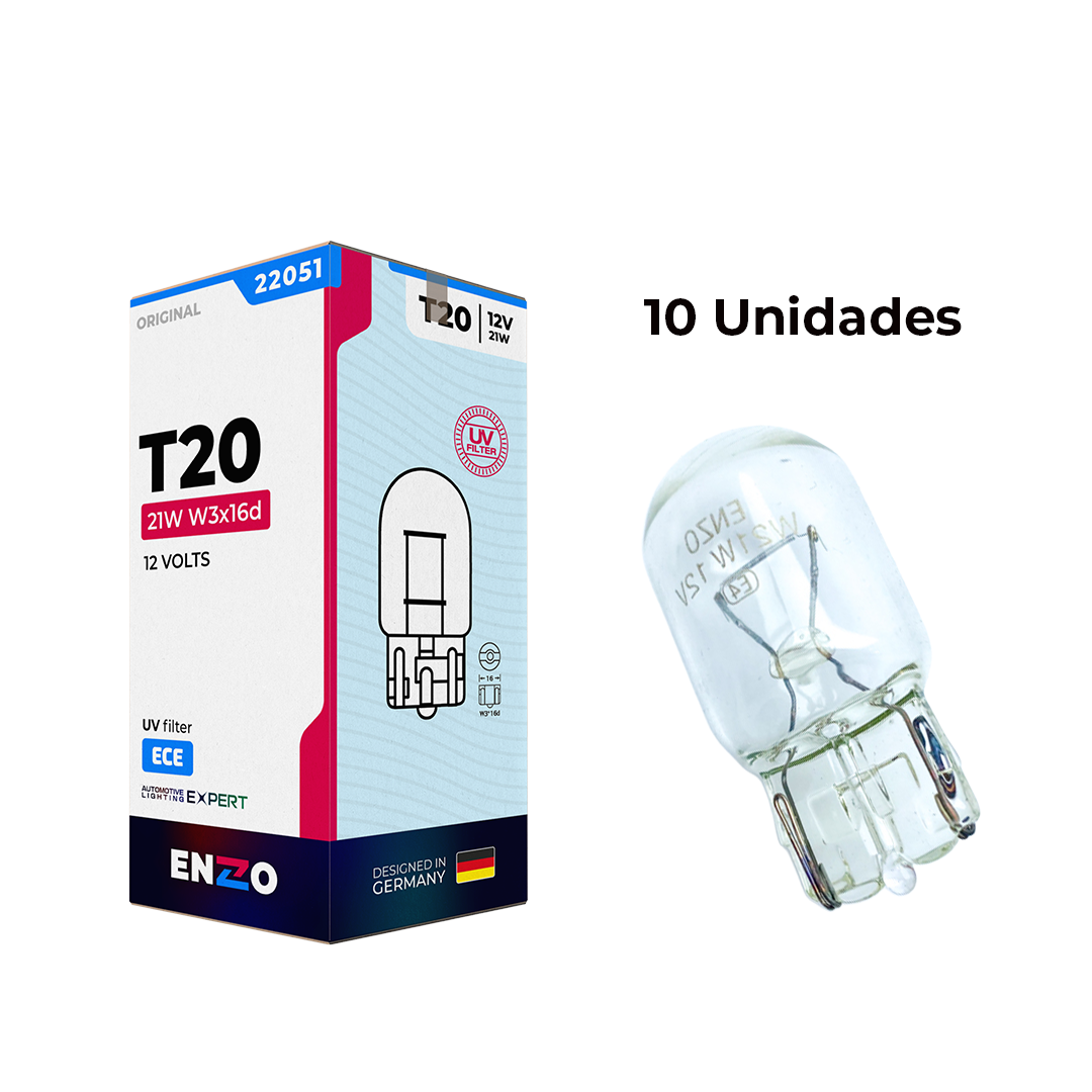 Ampolletas ENZO T20 W21W 12V 21W 1 Contacto Base W3x16d Caja 10 Unidades