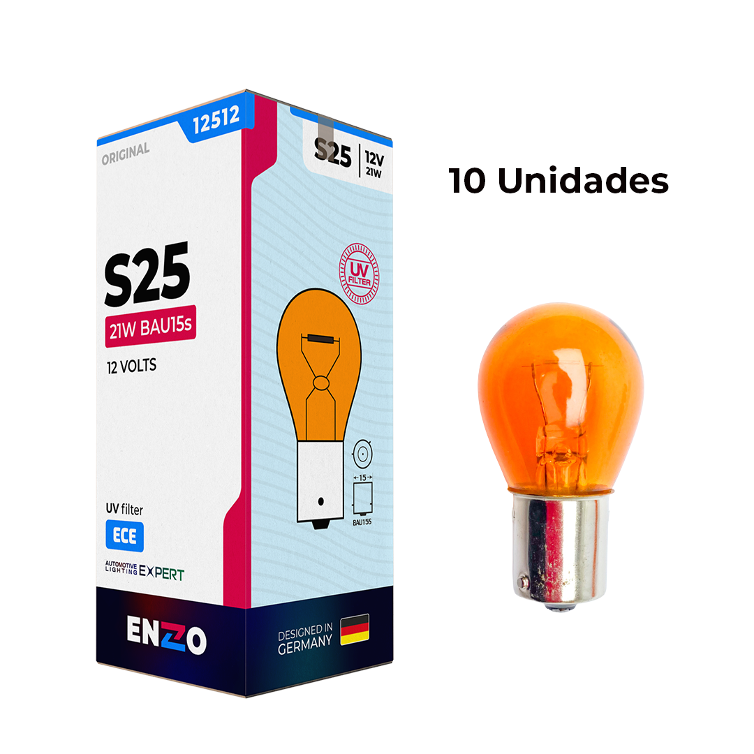 Ampolletas ENZO BAU15S 12V 21W 1 Contacto Pata V AMBAR (10unidades)