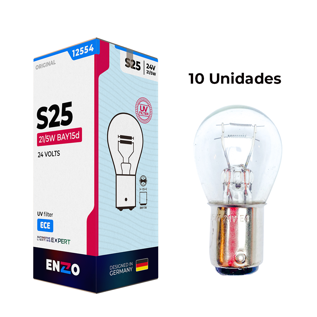 Ampolletas ENZO S25BAY15D 24V 5-21W 2 Contacto Pata dispareja (10unidades)