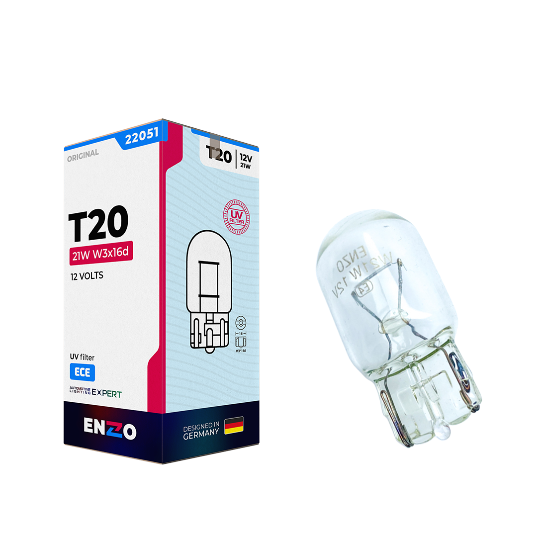 Ampolletas ENZO T20 W21W 12V 21W 1 Contacto Base W3x16d Caja 10 Unidades