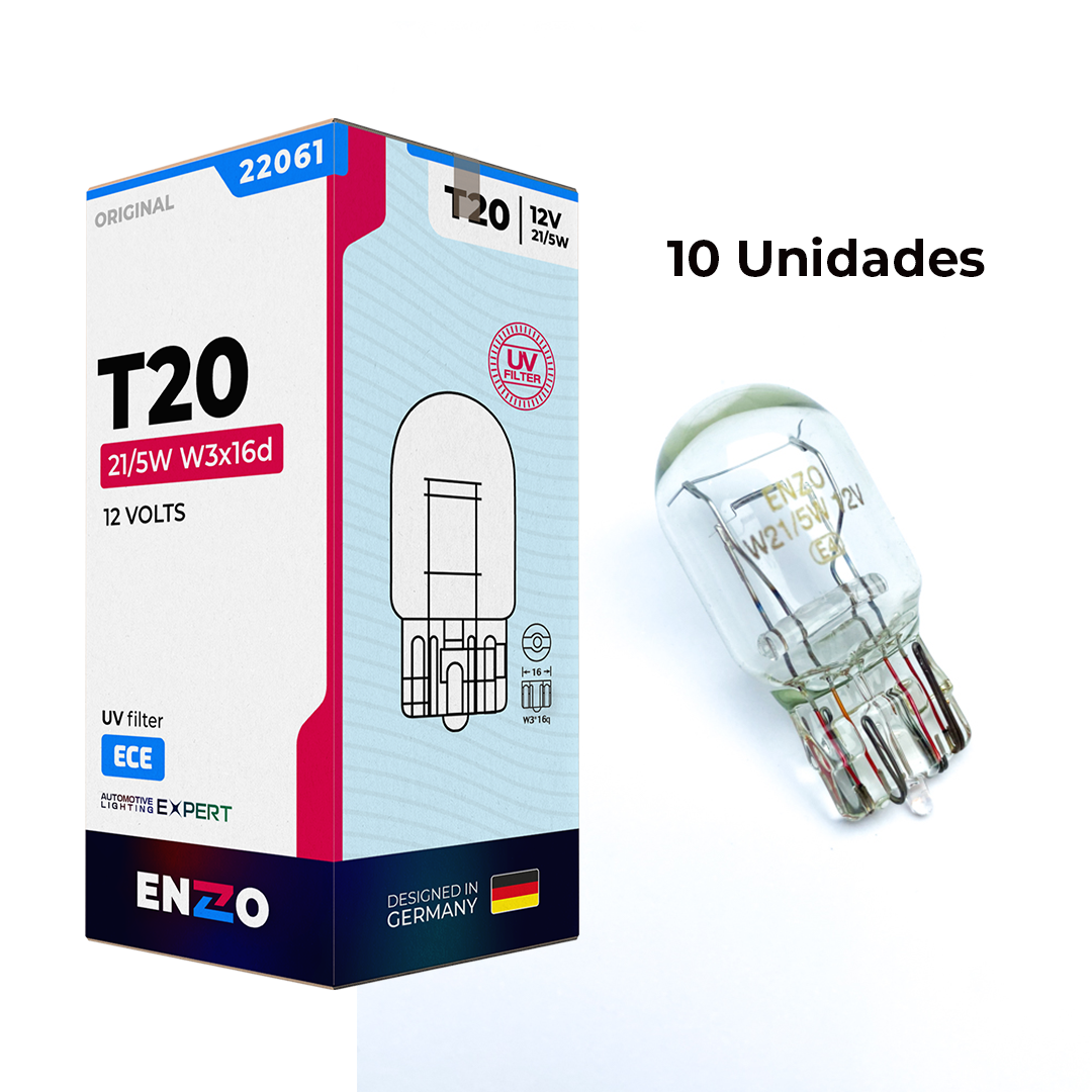 Ampolletas ENZO T20 W21/5W 12V 21/5W 2 Contactos Base W3x16d Caja 10 Unidades