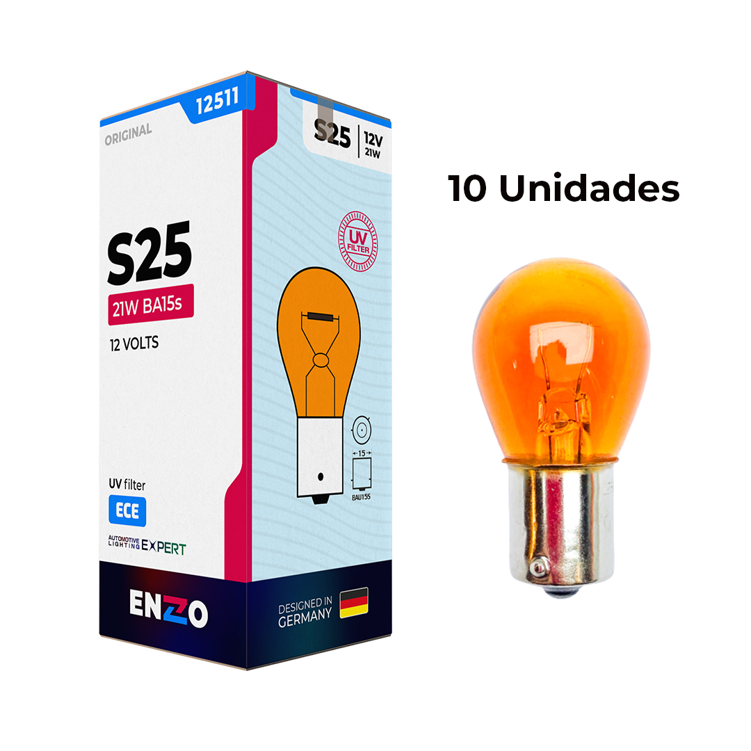 Ampolletas ENZO P21W BA15S 12V 21W 1 Contacto Pata Pareja AMBAR (10unidades)
