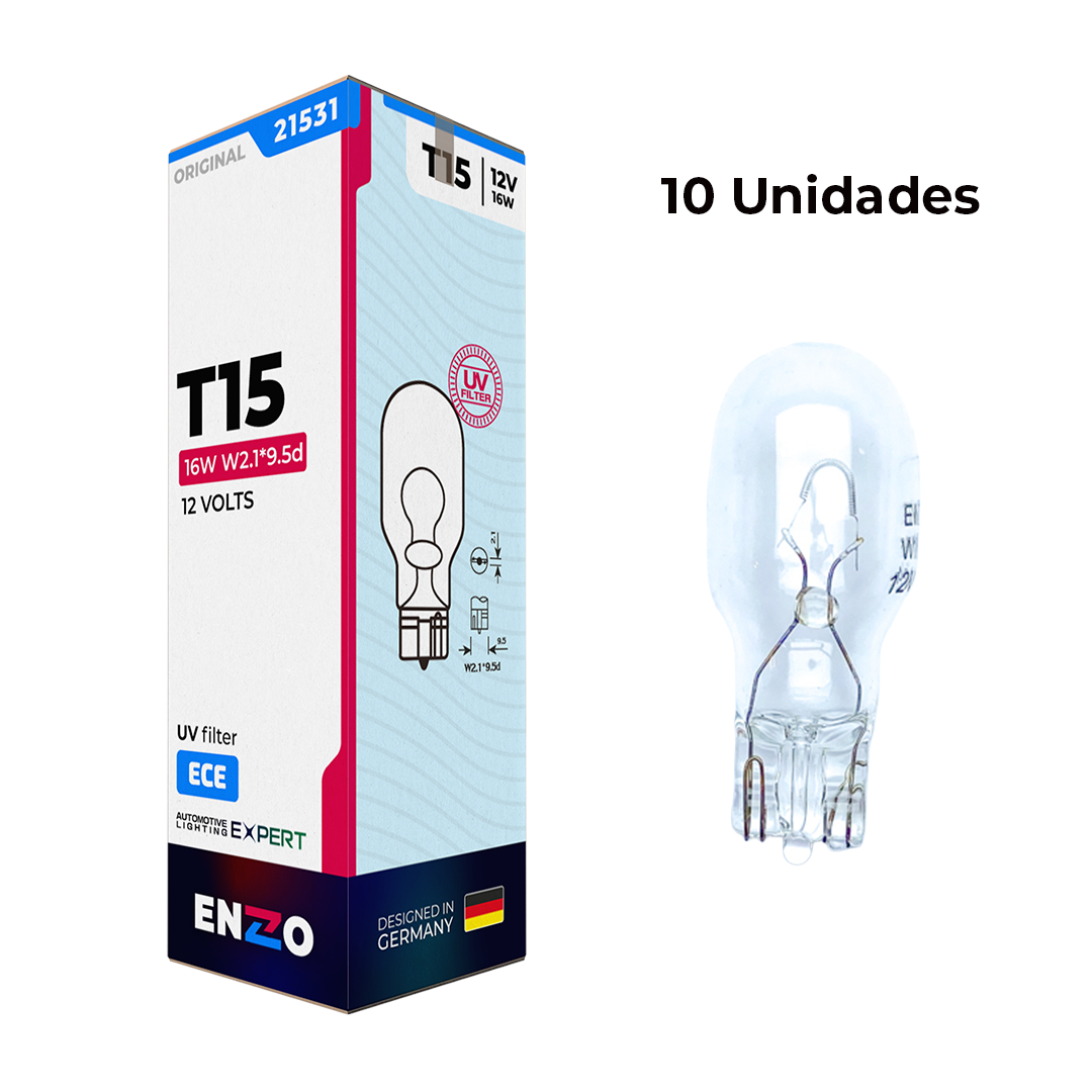 Ampolletas ENZO T15 12V 16W Base W2.1x9.5d Pack 10 Unidades