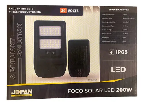 Foco Solar Led 200w Exterior Ip65 Jofan Negro Blanco Frío